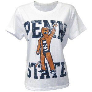 women's white cuffed short sleeve t-shirt with distressed Nittany Lion Mascot over Penn State